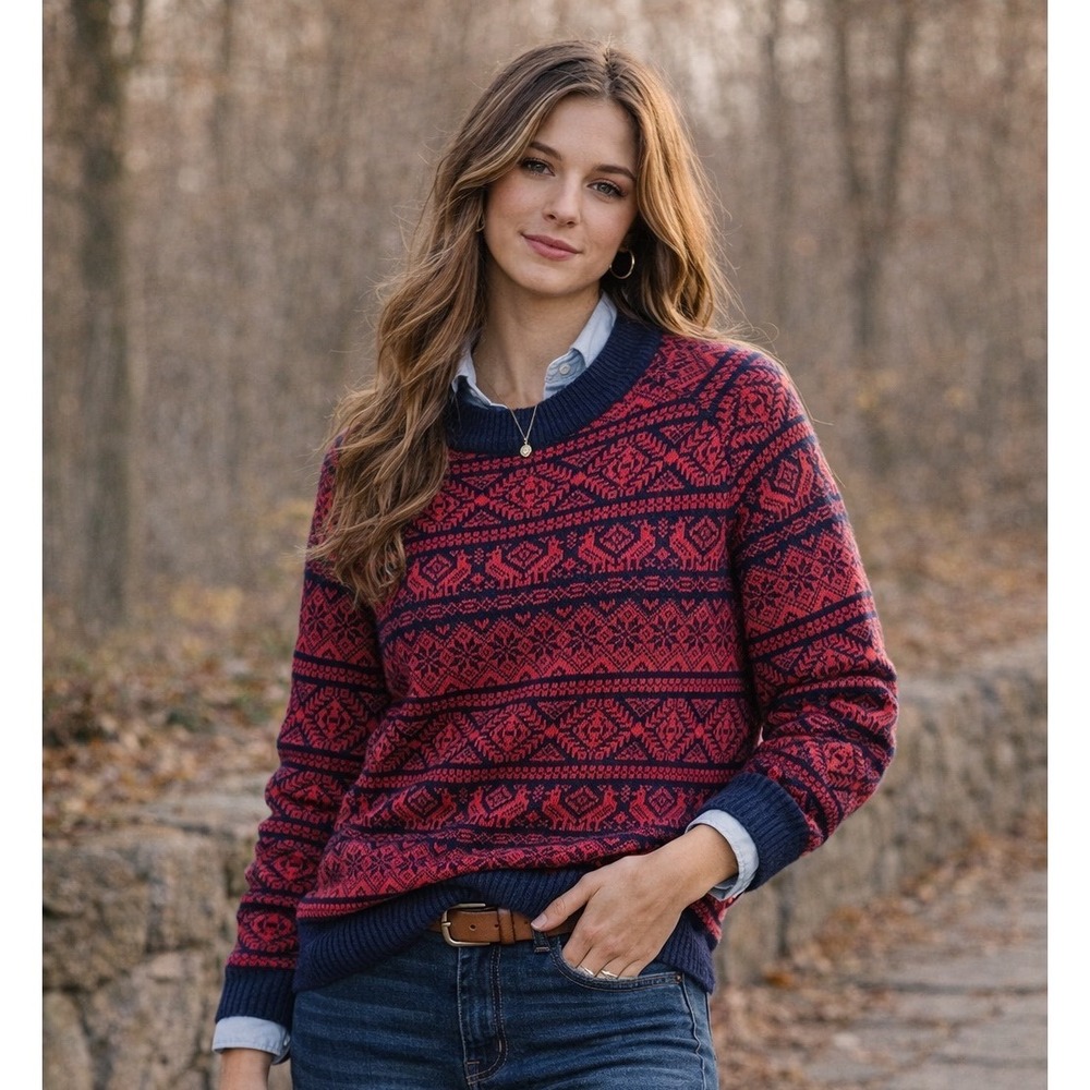 J.Crew Womens Fair Isle Lambswool Blend Sweater Navy Bird Pattern AF009 Size M